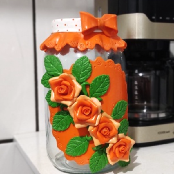 Pote De Vidro Personalizado 3 litros  Decorado Com  Rosas Laranja Em Biscuit (Em diversas cores e modelos)